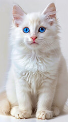 Fototapeta premium A white cat with blue eyes sitting on a table.
