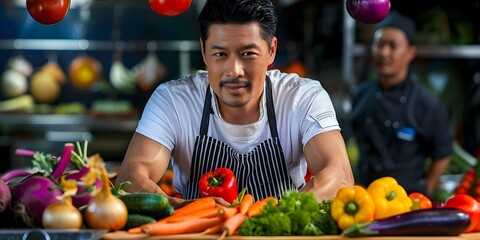 Fototapeta premium Asian man wearing a striped apron with vegetables on a wooden board. Concept Cooking at Home, Healthy Lifestyle, Culinary Inspiration, Fresh Ingredients, Asian Cuisine,