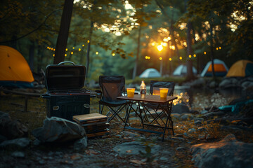 Picnic setup with a portable grill, cooler, and camping chairs Natural landscape with tents, table, chairs, and trees in the woods