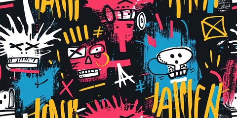 Obraz premium punk pop rock style elements abstract face with grungy texture with color splash abstract background, seamless pattern tile, Generative Ai