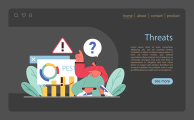 PEST analysis threats. Analyst contemplating business risks with warning sign.