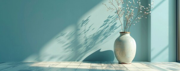 Wall mockup in a modern interior with a blue wall, dining room, vase on the floor, natural light.