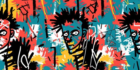 punk pop rock style elements abstract face with grungy texture with color splash abstract background, seamless pattern tile, Generative Ai