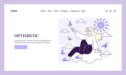 A young woman sits on a cloud, pointing towards the sun, embodying positivity and a hopeful outlook