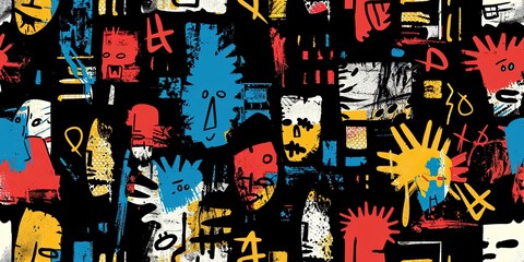 punk pop rock style elements abstract face with grungy texture with color splash abstract background, seamless pattern tile, Generative Ai