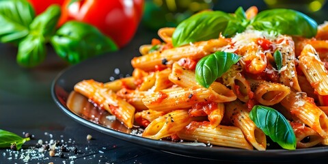 Serving of classic Italian penne arrabiata with basil and parmesan on a dark table. Concept Italian...