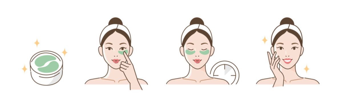 Skincare illustrations set. Collection of girl applying collagen hydrogel patch on her delicate under eyes skin. Dark circles treatment concept. Vector illustration.