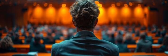 male American CEO addressing shareholders at an annual company meeting