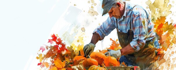 A farmer wearing a hat and gloves is harvesting pumpkins in a field