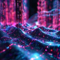 Abstract glowing pink and blue digital landscape with flowing particles.
