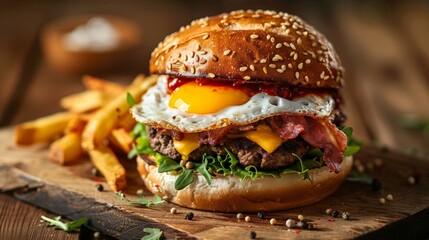 A delicious cheeseburger with bacon, egg, lettuce, tomato, and fries on a wooden table.