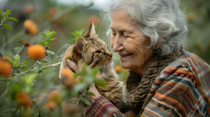 An elderly woman with Parkinson s disease joyfully petting her cat in the garden, showcasing the comfort and companionship her pet provides in a heartwarming photo realistic concep