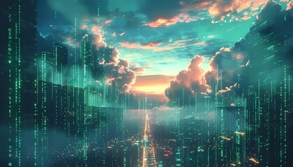 Obraz premium A digital painting of a cityscape with a blue and pink sky. The city is filled with skyscrapers and the sky is filled with clouds and a bright light.