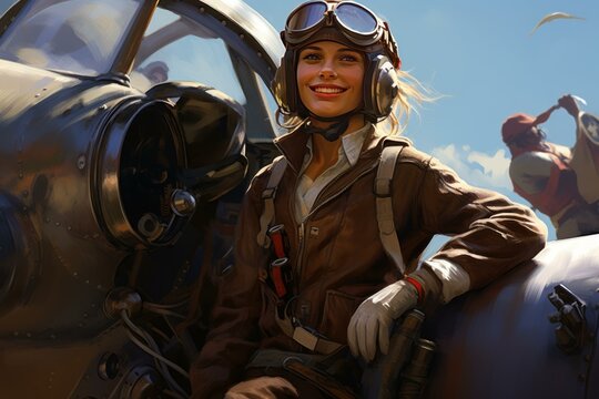 Smiling female pilot in retro flight gear beside a classic airplane under blue skies