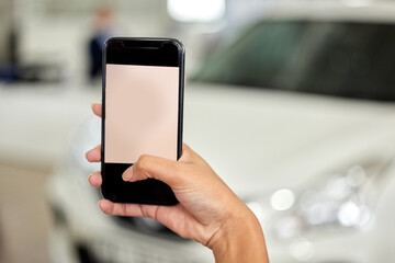 Hand, person and photography of car with phone screen to purchase, test drive and mockup in...