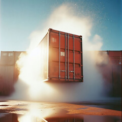 container rosso in esplosione di vapore polvere e luce 