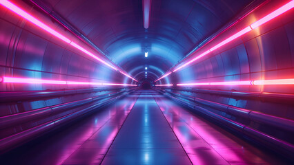 Obraz premium Futuristic Neon Tunnel with Vibrant Pink and Blue Lights in a Modern Urban Subway Setting, Perfect for Sci-Fi and Technology Themes 8K Wallpaper High-resolution