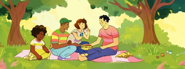 A group of people are sitting on a blanket in a forest, enjoying a picnic