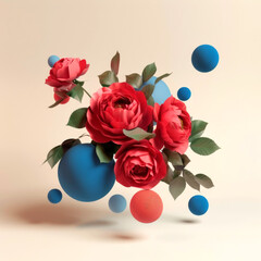 Surreal Floral Composition with Blue Spheres