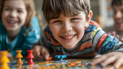 Inclusive Family Fun: Happy Board Game Night with Child with Down Syndrome, Joyfully Playing Together  Showcasing Inclusion Happiness