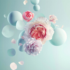 Floating Pastel Flowers and Spheres