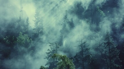 : Layers of mist enshroud a mystical forest, creating an abstract landscape where reality merges with the realm of fantasy. Explore the hidden depths of this enchanted forest captured in lifelike