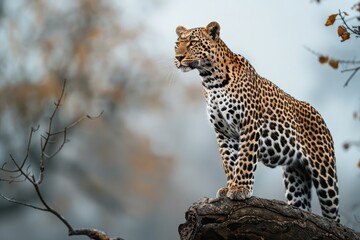A leopard, Panther Pardus, standing on a branch and gazes out into the distance