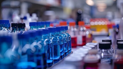 Fototapeta premium Close-Up View of Laboratory Glassware with Flowing Liquids in a Blurred Commercial Setting