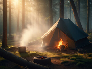 Camp in the wild forest at night.
