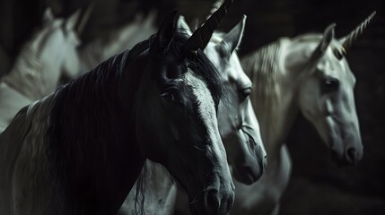 Obraz premium Haunting Editorial of Dark Stall Filled with Mysterious All-White Horses and a Lone Black Unicorn