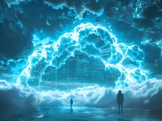 A view of a city from the top of a skyscraper. The sky is cloudy and there is a storm brewing. The city is lit up by the lights of the buildings and the streetlights.