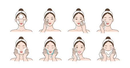 Skincare illustrations set. Collection of girl applying cleansing products and washing her face with water. Beauty and hygiene concept. Vector illustration.

