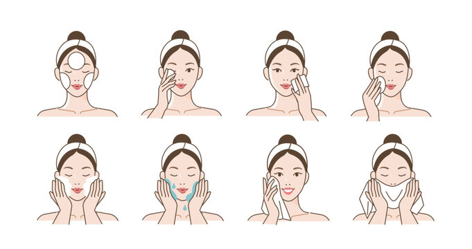 Skincare illustrations set. Collection of girl applying cleansing products and washing her face with water. Beauty and hygiene concept. Vector illustration.
