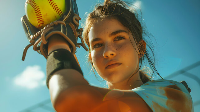Empowering image of girl with prosthetic arm playing softball demonstrates skills, inclusion, and game thrill