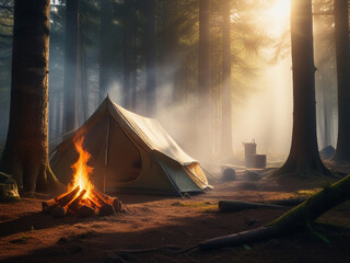Camp in the wild forest at night.
