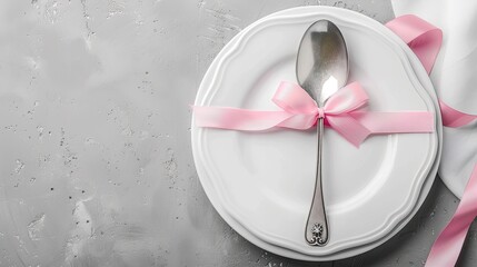 an empty plate featuring a golden rim and delicate pink ribbon, accompanied by a spoon, set against a light grey concrete table background.