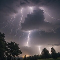 Multiple thunder and lightning strikes hit a forest