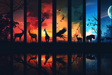 A captivating portrayal of animal silhouettes fragmented into abstract forms, evoking curiosity and artistic intrigue