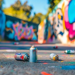 A street artist's spray paint cans on the pavement, with a vibrant graffiti wall softly blurred...