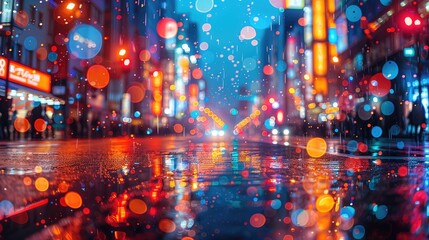 Obraz premium Vibrant City Street Illuminated With Colorful Lights