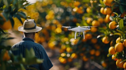 Man in a hat piloting a drone in an orange orchard, monitoring the health of the fruit crop.