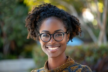 Digital image of portrait of african american woman in glasses smiling for camera - Powered by Adobe