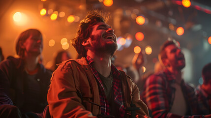 A man with cerebral palsy happily enjoying a concert with his friends showcasing joy, inclusion,...