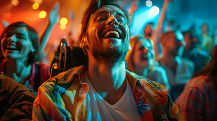 Photo realistic of a man with cerebral palsy joyfully enjoying a concert with friends, showcasing...