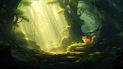 Forest glow and curious fox.