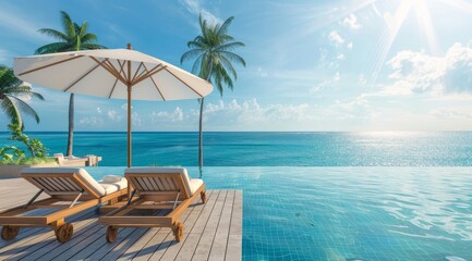 Obraz premium Photo of an infinity pool with a wooden deck, beach chairs and umbrella overlooking the ocean.