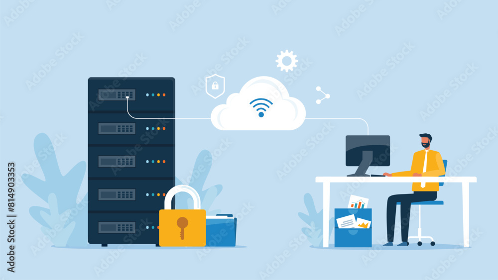 Aufkleber business technology cloud computing service concept and datacenter storage server connect on cloud with administrator and developer team working concept
