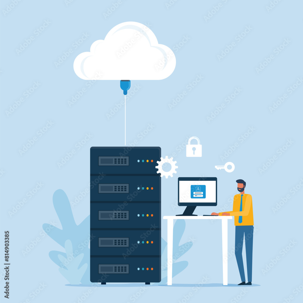 Poster Business flat vector design technology data center and cloud computing server storage service with administrator and developer team working with cloud connect concept
