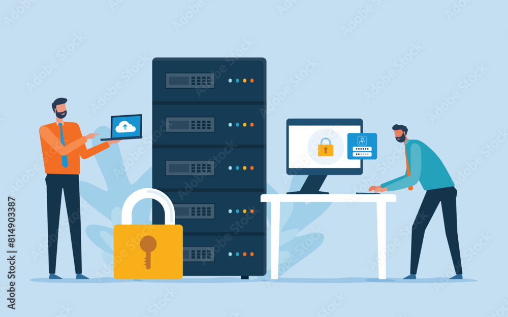 Leinwandbilder Business flat vector design technology data center and cloud computing server storage service with administrator and developer team working with cloud connect concept
