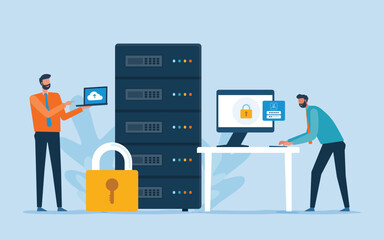 Business flat vector design technology data center and cloud computing server storage service with administrator and developer team working with cloud connect concept
